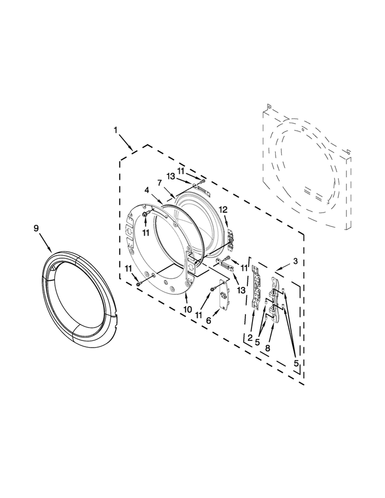 Door Parts Diagram and Parts List for WED8740DW0  Whirlpool Dryer