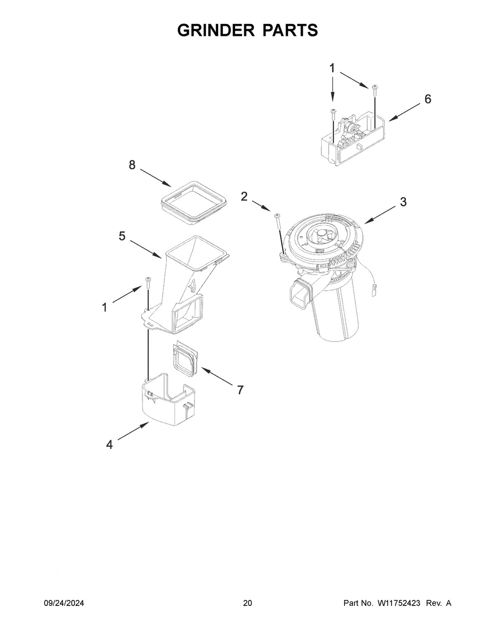 11 - Grinder Parts Diagram and Parts List for KES8556PL0  Whirlpool Espresso Machine