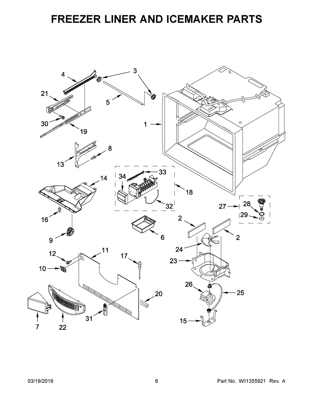 Freezer Liner And Icemaker Parts Diagram and Parts List for WRF540CWHB01  Whirlpool Refrigerator