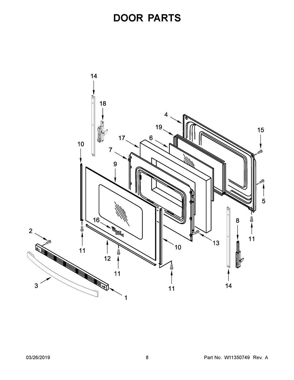 Door Parts Diagram and Parts List for YWFE521S0HW1  Whirlpool Range