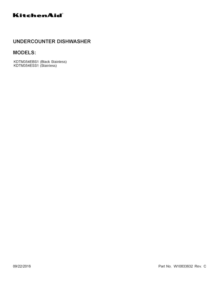 Cover Sheet Diagram and Parts List for KDTM354ESS1  KitchenAid Dishwasher