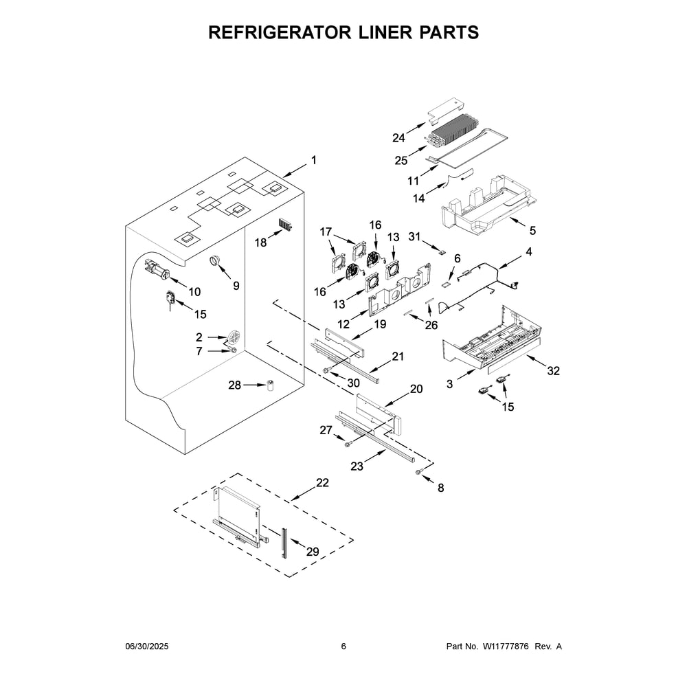 Refrigerator Liner Parts Diagram and Parts List for KBFN536SPS00  KitchenAid Refrigerator