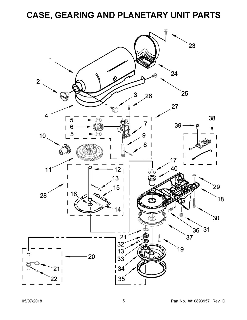 Case, Gearing And Planetary Unit Parts Diagram and Parts List for 5KSM175PSBAC4  Whirlpool Mixer