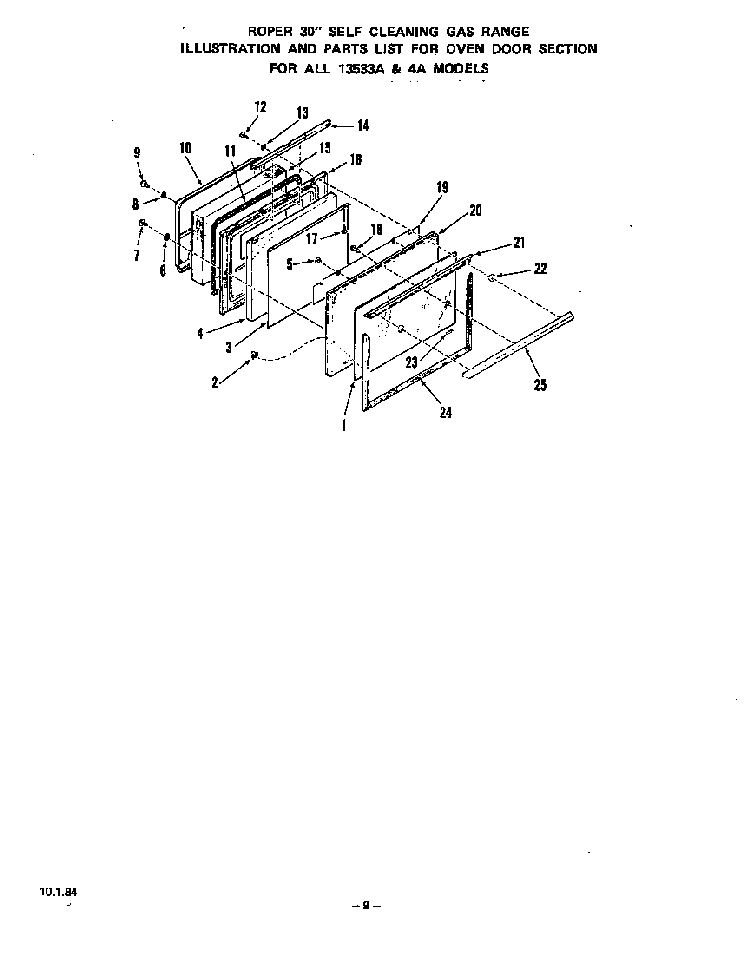 Oven Door Diagram and Parts List for 1353*4A  Roper Range