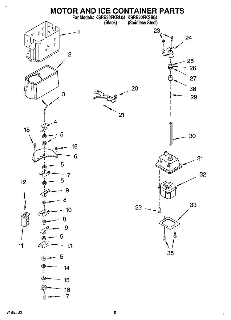 MOTOR AND ICE CONTAINER PARTS Diagram and Parts List for KSRB22FKSS04  KitchenAid Refrigerator