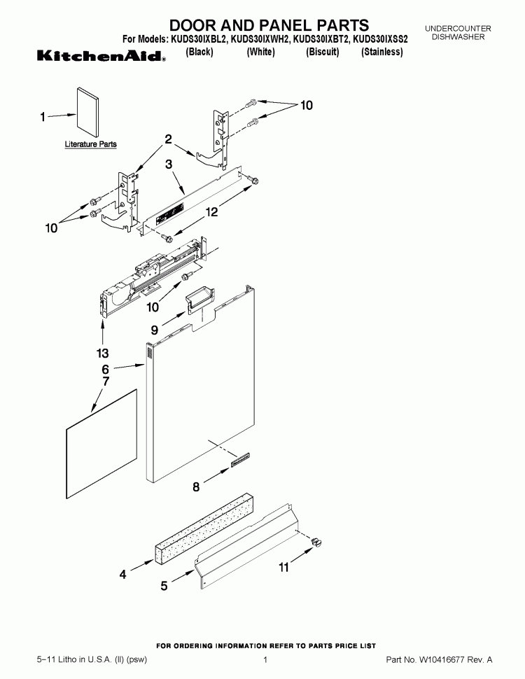 DOOR AND PANEL PARTS Diagram and Parts List for KUDS30IXBL2  KitchenAid Dishwasher
