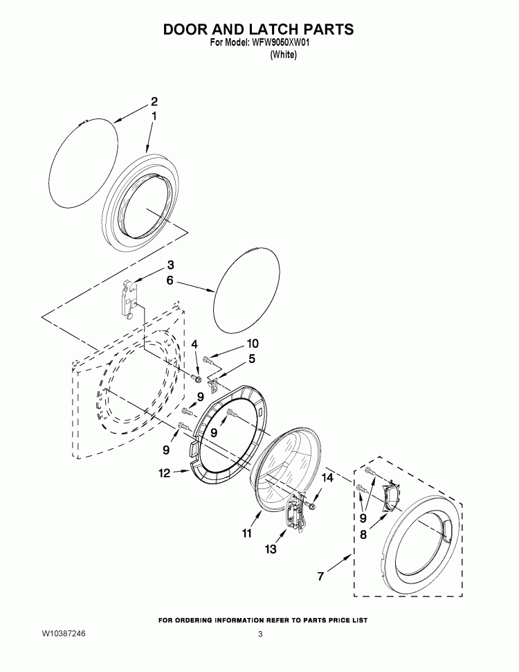 DOOR AND LATCH PARTS Diagram and Parts List for WFW9050XW01  Whirlpool Washer