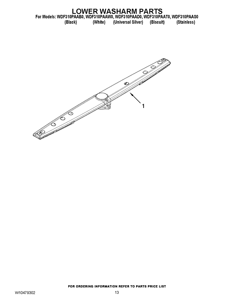 LOWER WASHARM PARTS Diagram and Parts List for WDF310PAAD0  Whirlpool Dishwasher