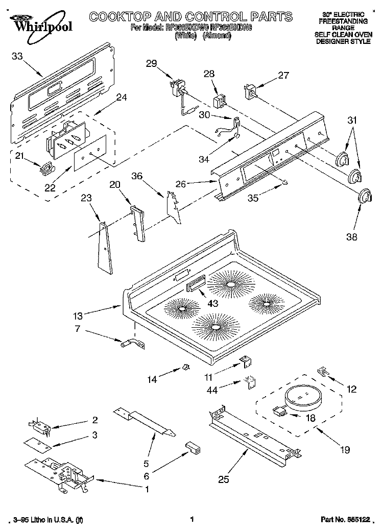 COOKTOP AND CONTROL Diagram and Parts List for RF366BXDW0  Whirlpool Range