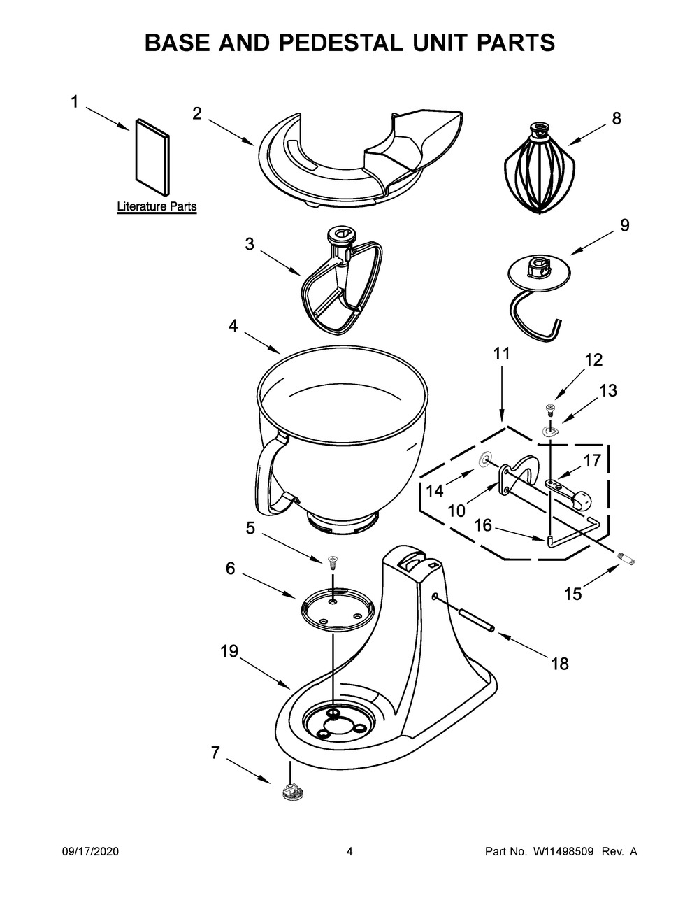 Base And Pedestal Unit Parts Diagram and Parts List for KSM150PSVB0  Whirlpool Mixer
