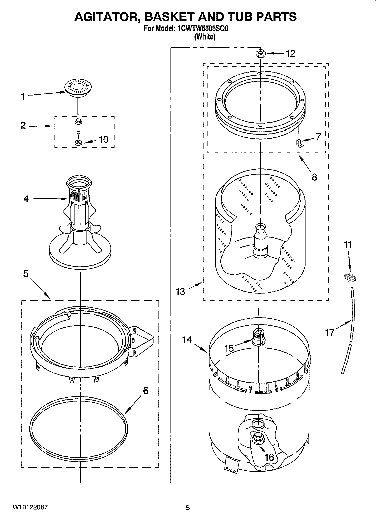 AGITATOR, BASKET AND TUB PARTS Diagram and Parts List for 1CWTW5505SQ0  Whirlpool Washer