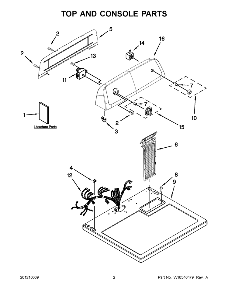 TOP AND CONSOLE PARTS Diagram and Parts List for 7MWGD1500AQ0  Whirlpool Dryer