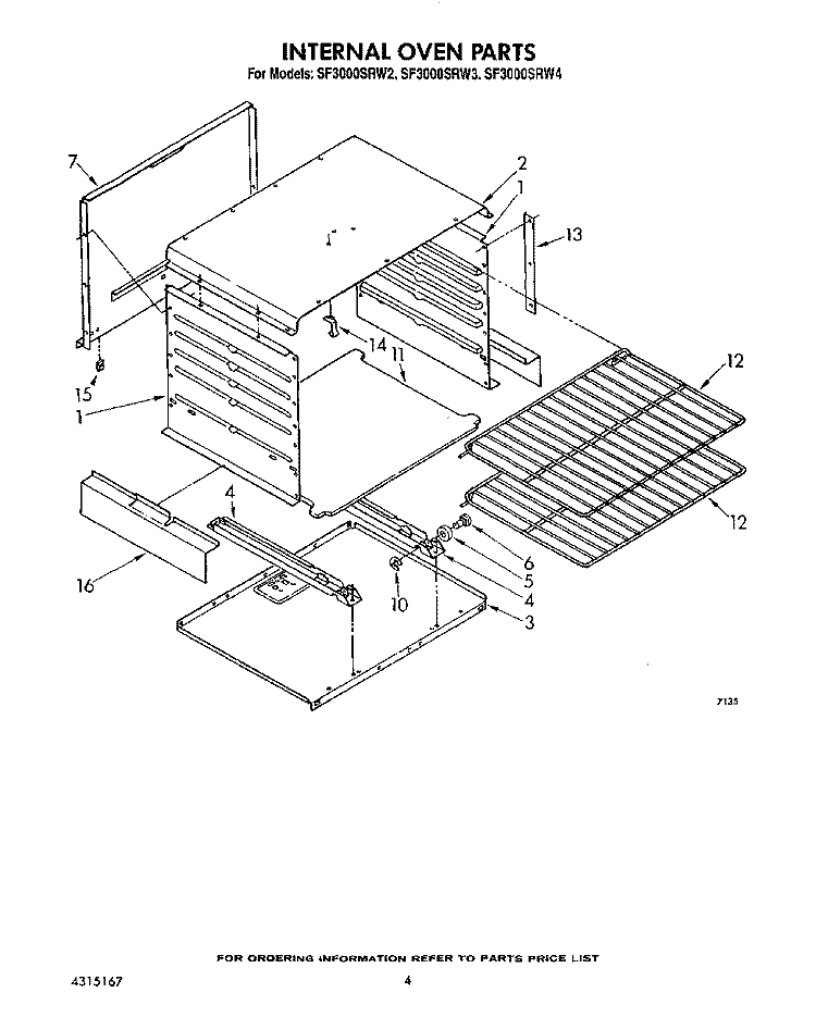 INTERNAL OVEN Diagram and Parts List for SF3000SRW2  Whirlpool Range
