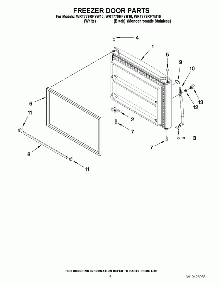 FREEZER DOOR PARTS Diagram and Parts List for WRT779RFYM10  Whirlpool Refrigerator