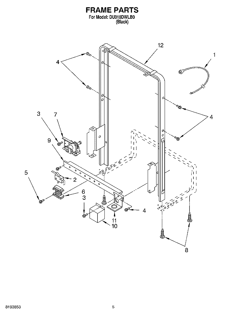 FRAME PARTS Diagram and Parts List for DU018DWLB0  Whirlpool Dishwasher