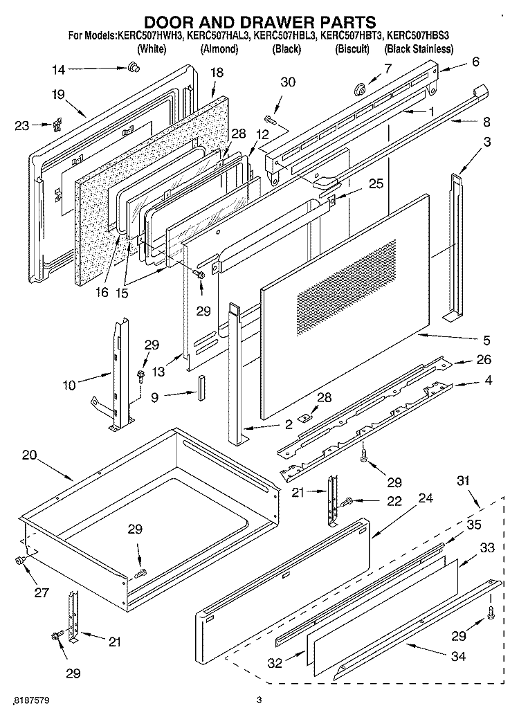 DOOR AND DRAWER Diagram and Parts List for KERC507HBL3  KitchenAid Range