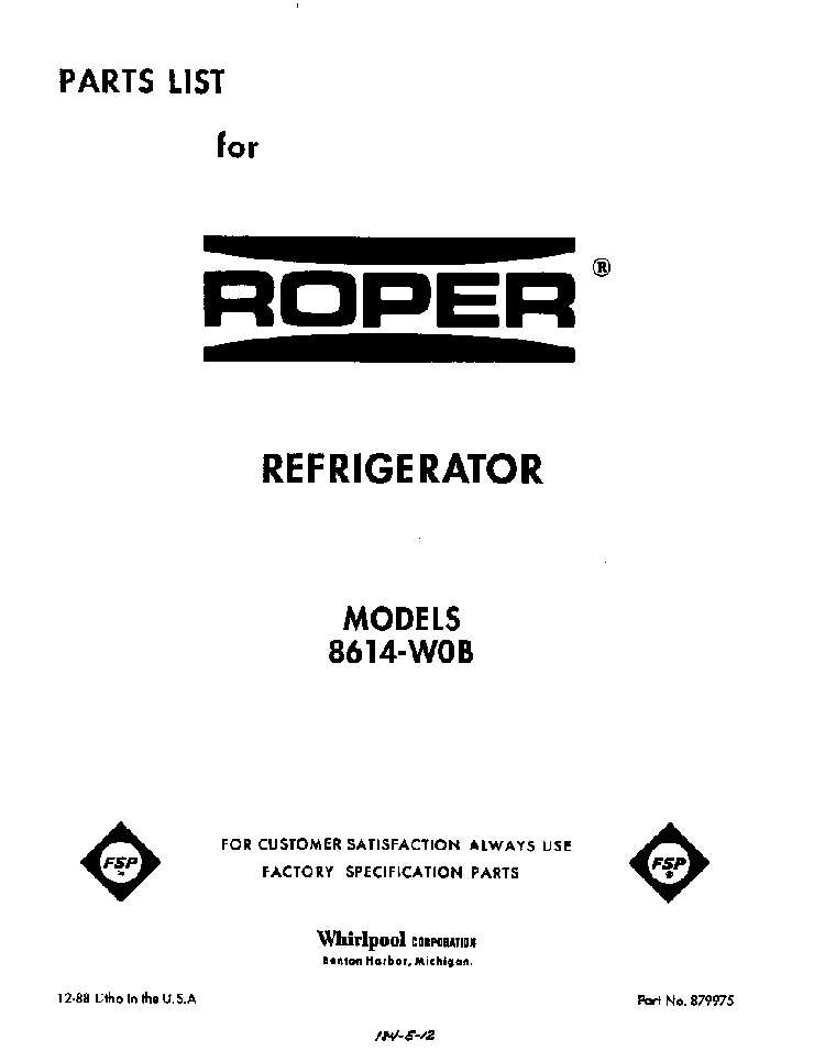 Front Cover Diagram and Parts List for 8614*0B  Roper Refrigerator