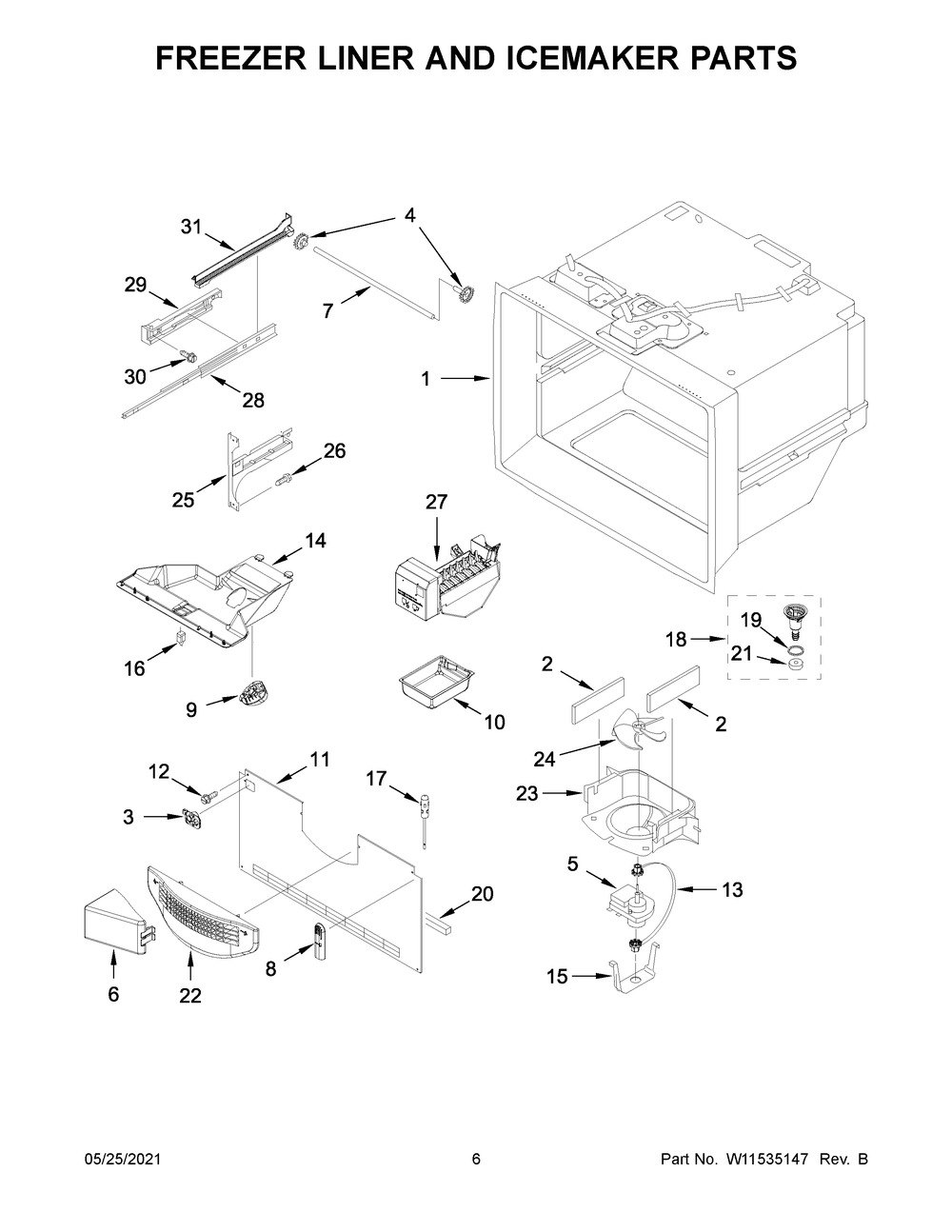 Freezer Liner And Icemaker Parts Diagram and Parts List for WRFA32SMHZ05  Whirlpool Refrigerator