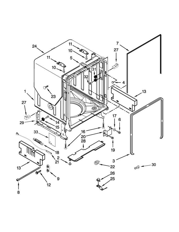 Tub And Frame Parts Diagram and Parts List for KDFE454CSS1  KitchenAid Dishwasher