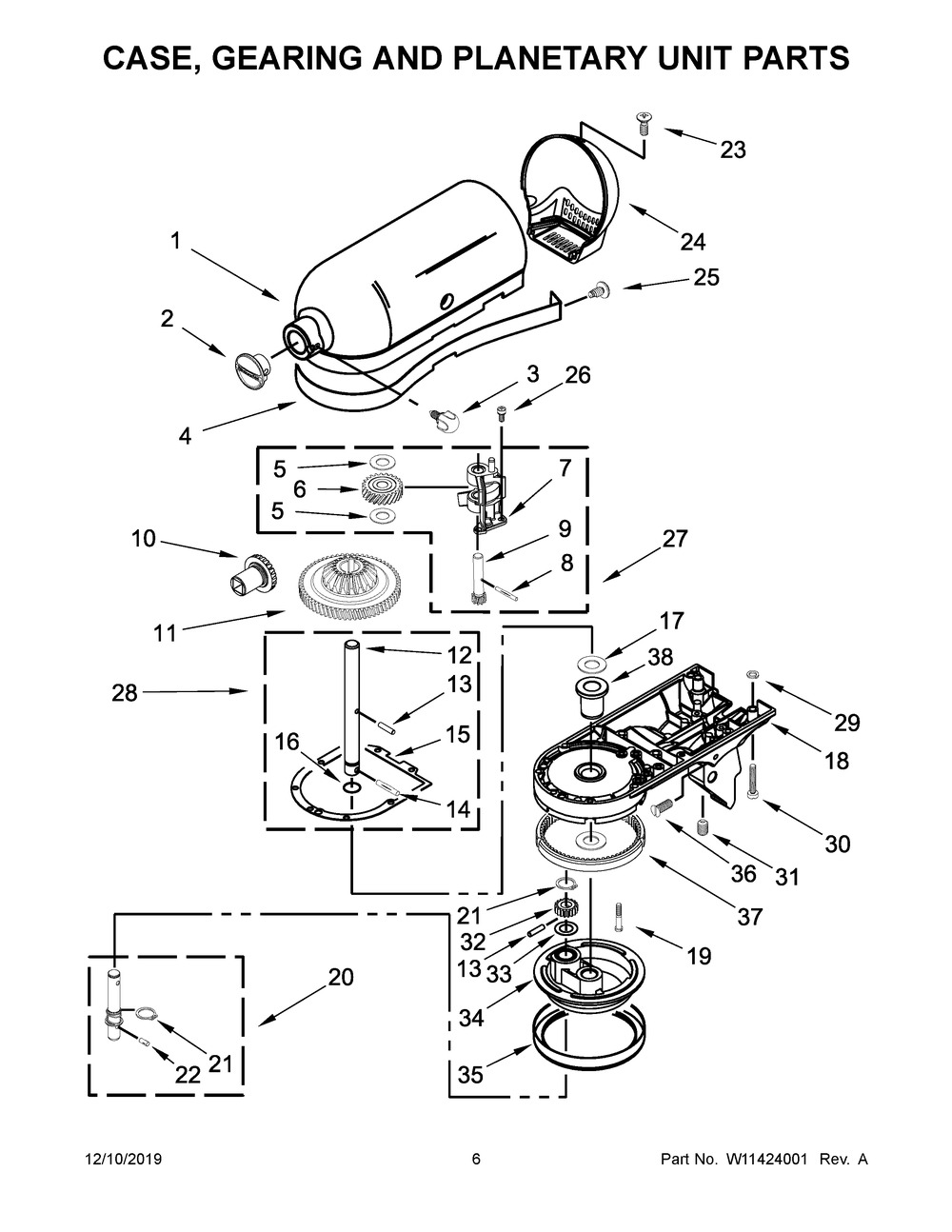 Case, Gearing And Planetary Unit Parts Diagram and Parts List for KSM150WPCU0  Whirlpool Mixer