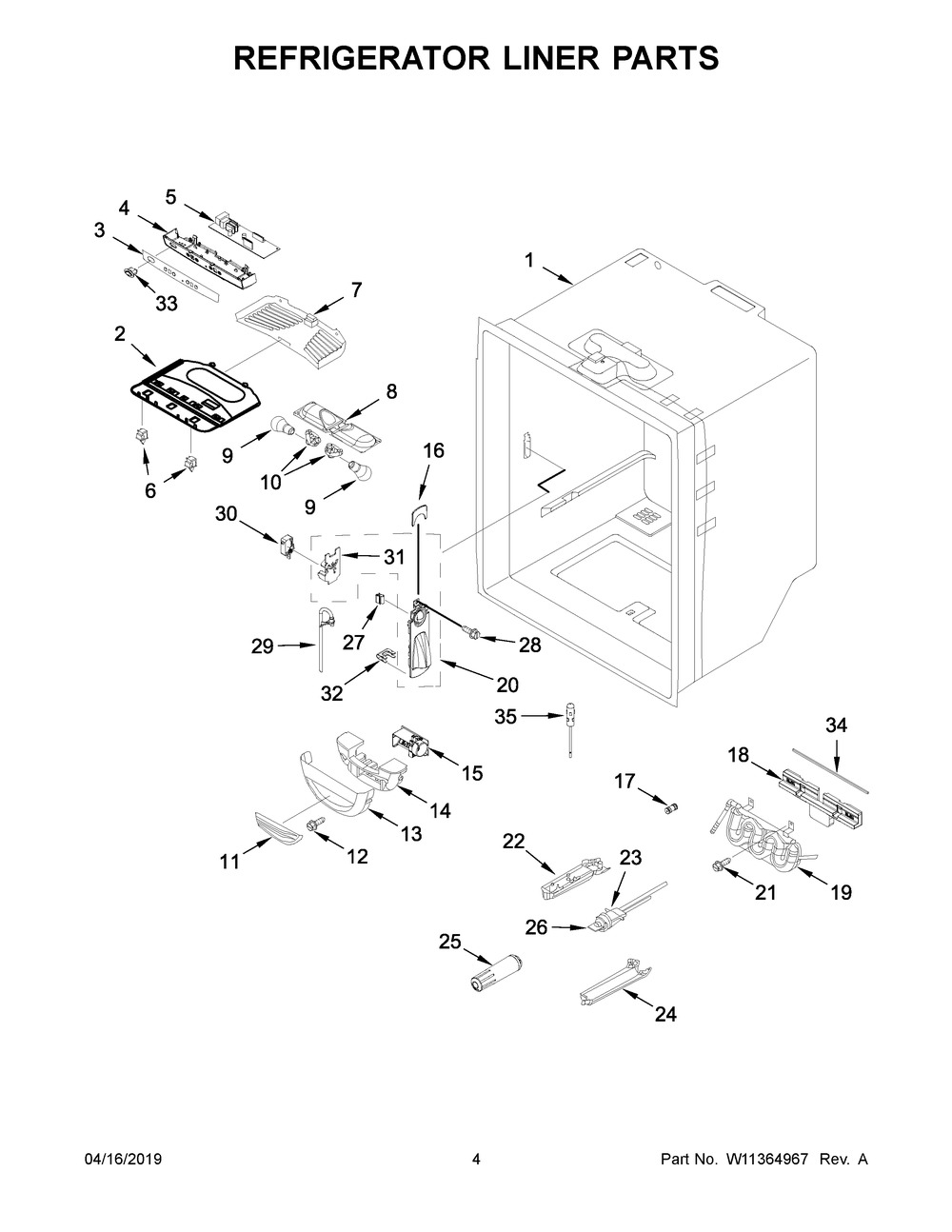 Refrigerator Liner Parts Diagram and Parts List for WRFA35SWHN01  Whirlpool Refrigerator