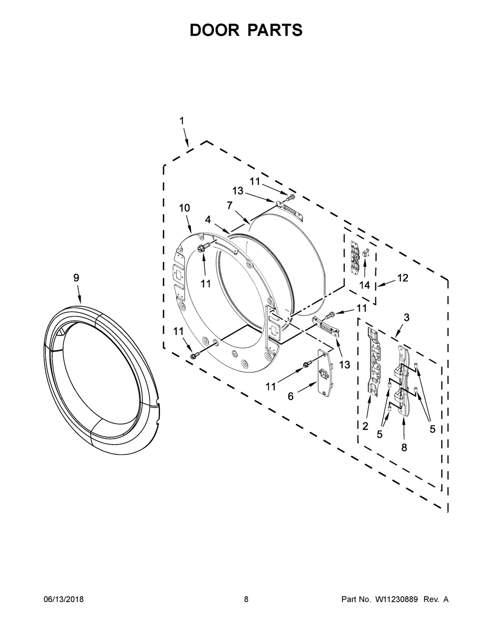 Door Parts Diagram and Parts List for 7MWED90HEFW2  Whirlpool Dryer