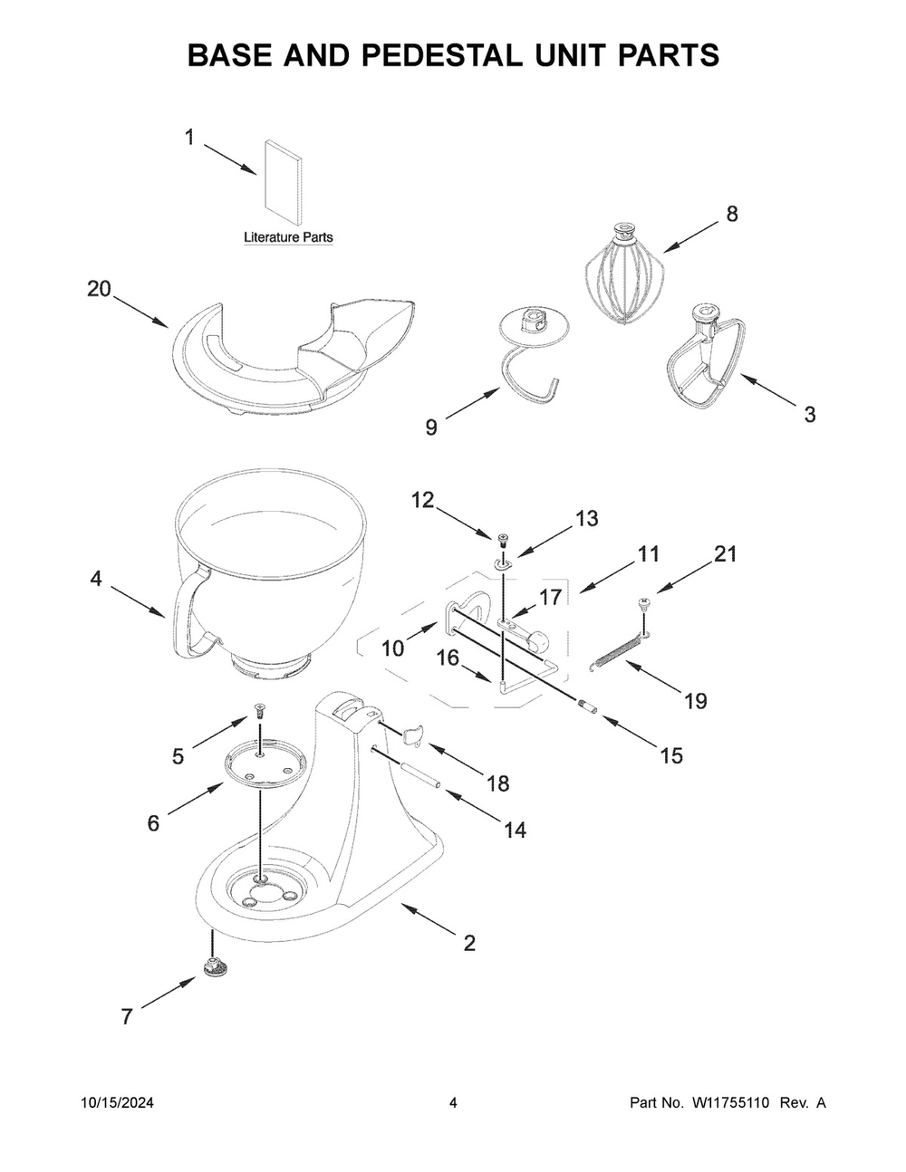 03 - Base And Pedestal Unit Parts Diagram and Parts List for 5KSM150PSPER5  Whirlpool Mixer