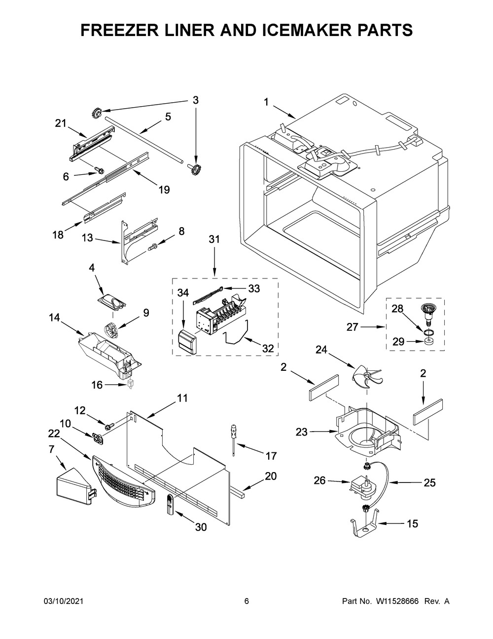 Freezer Liner And Icemaker Parts Diagram and Parts List for KRFC302EBS03  Whirlpool Refrigerator