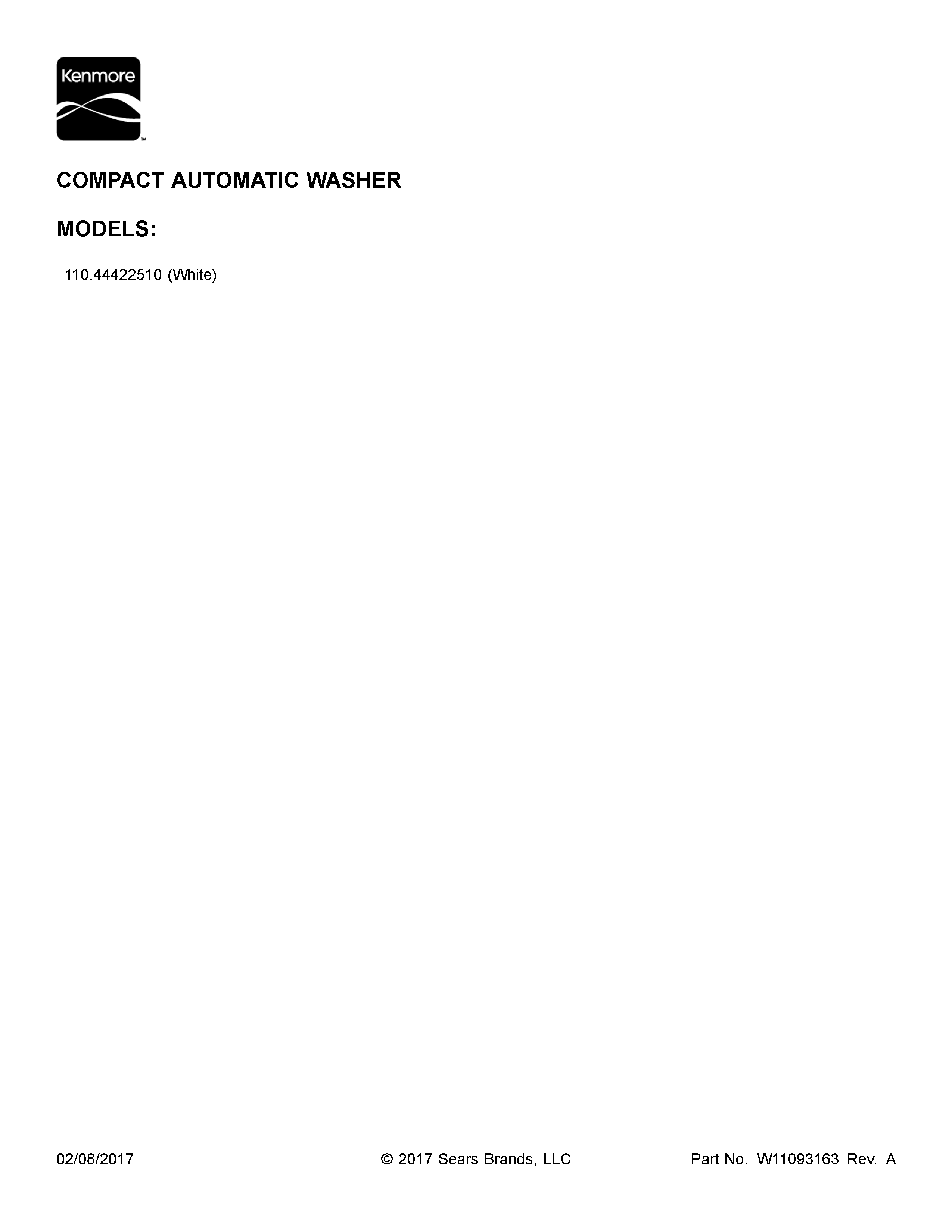 Cover Sheet Diagram and Parts List for 11044422610  Kenmore Washer