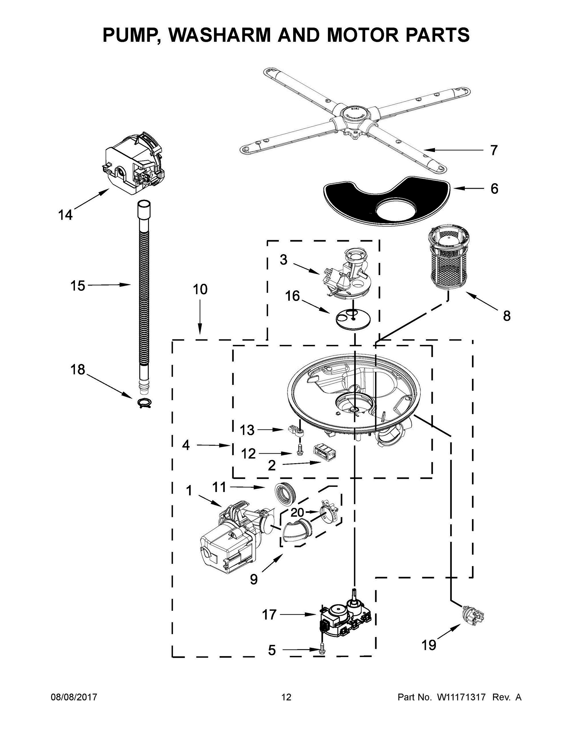 07 - PUMP, WASHARM AND MOTOR PARTS Diagram and Parts List for KDTE254EWH3  Whirlpool Dishwasher