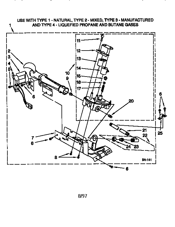 3402844 Burner Assembly Diagram and Parts List for LGQ8858JQ1  Whirlpool Dryer