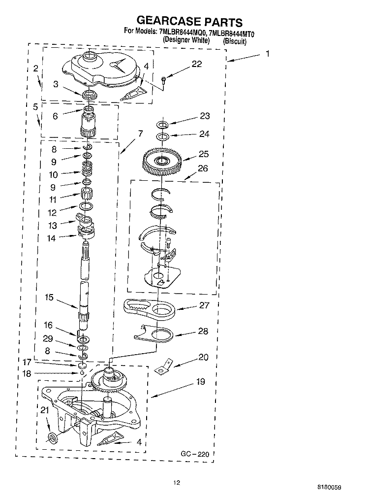 GEARCASE PARTS Diagram and Parts List for 7MLBR8444MQ0  Whirlpool Washer