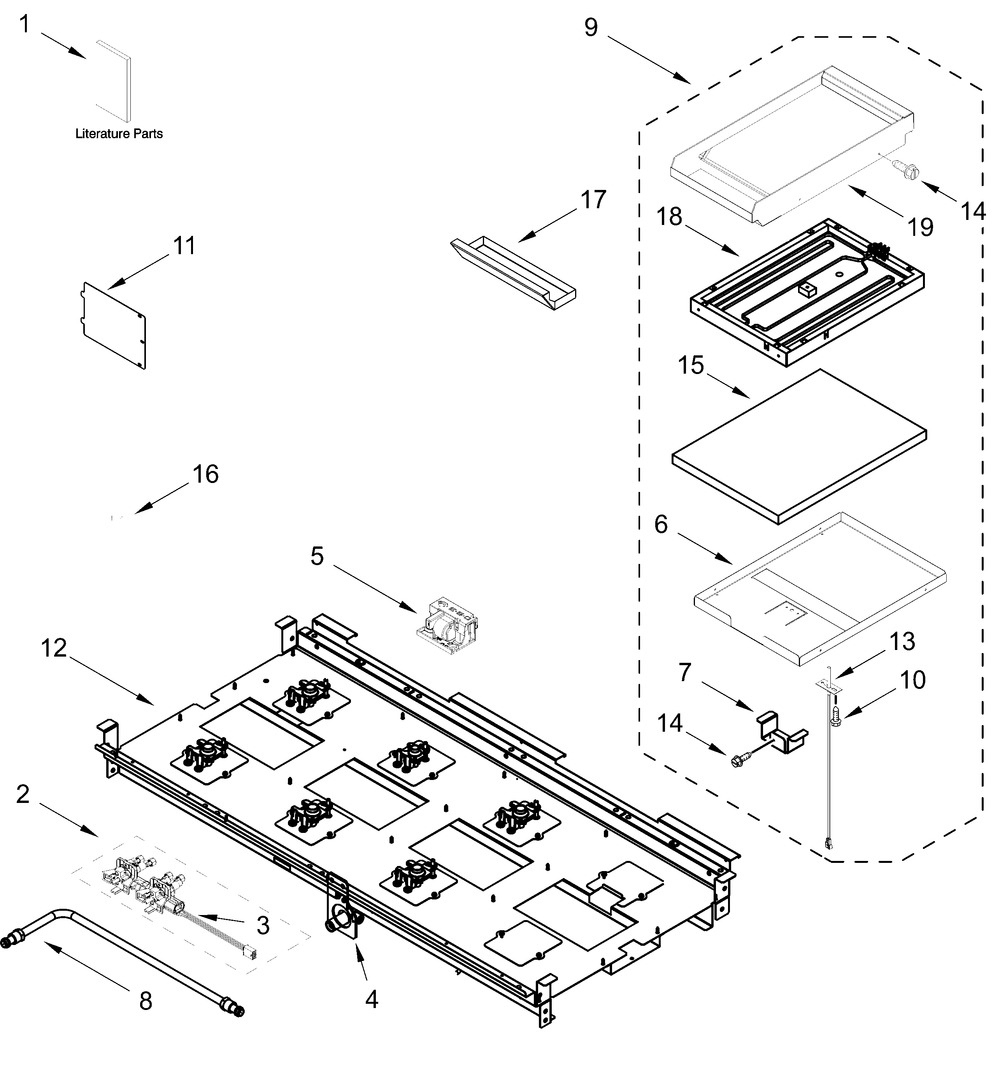 Burner Box And Griddle Parts Diagram and Parts List for KFDC558JAV03  Whirlpool Range