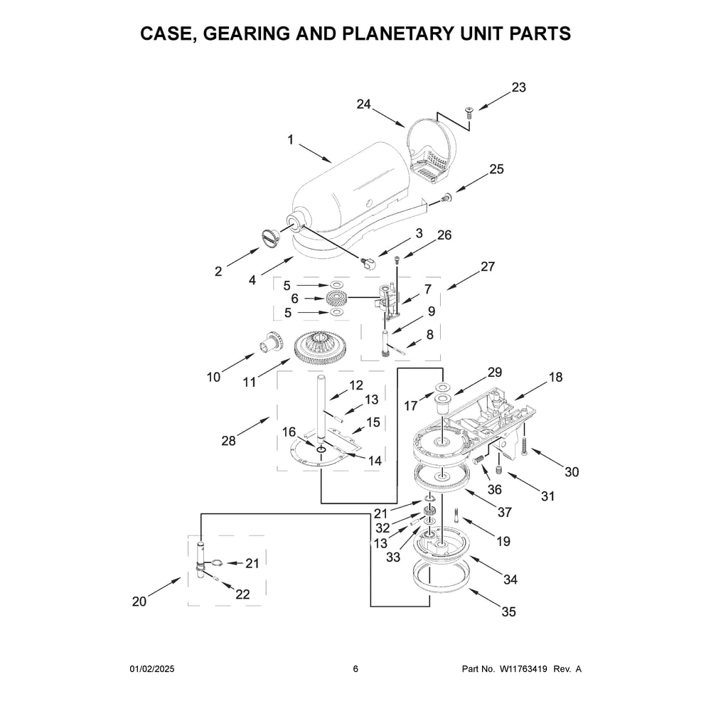 Case, Gearing And Planetary Unit Parts Diagram and Parts List for KSM195PSBT5  KitchenAid Mixer