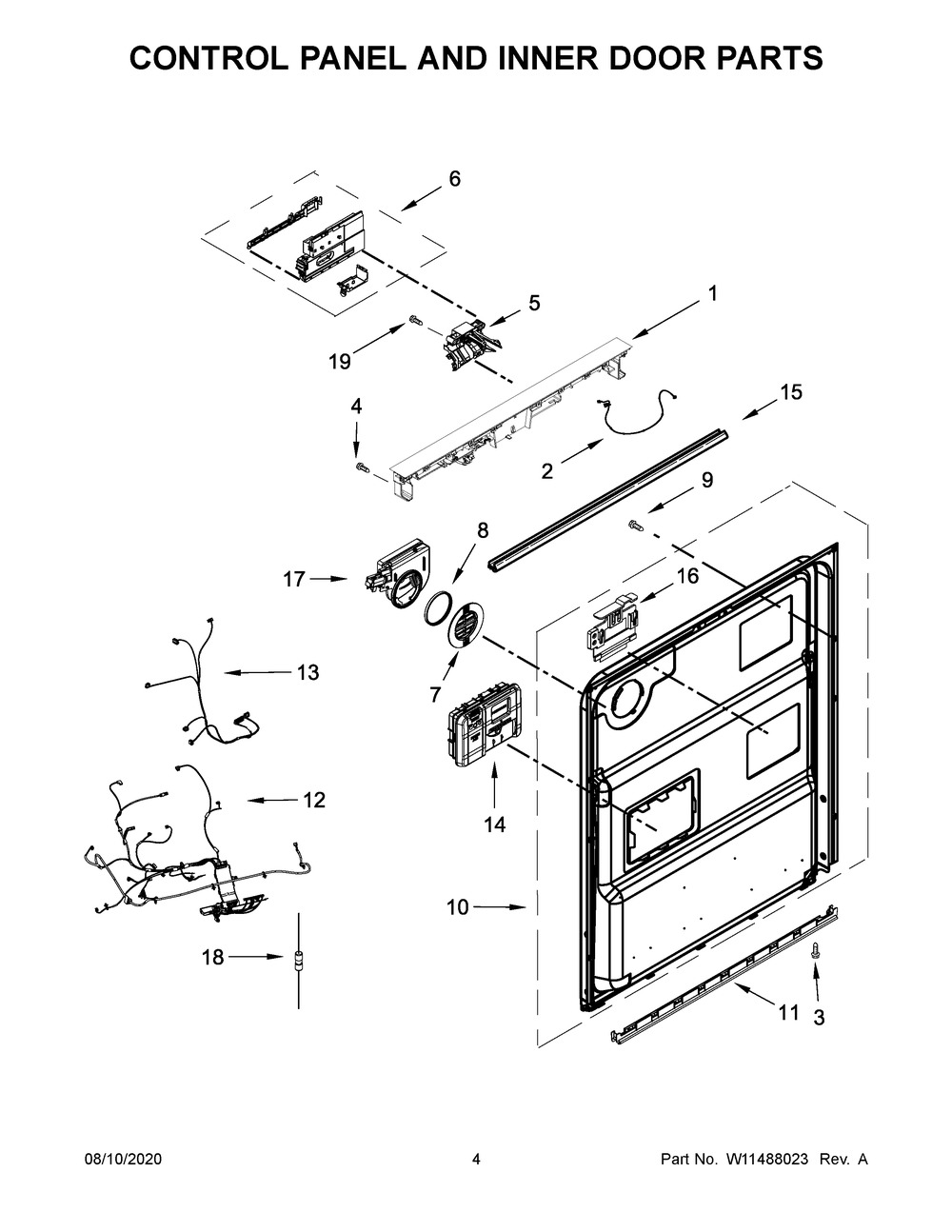 Control Panel And Inner Door Parts Diagram and Parts List for KDTE204KBL0  Whirlpool Dishwasher