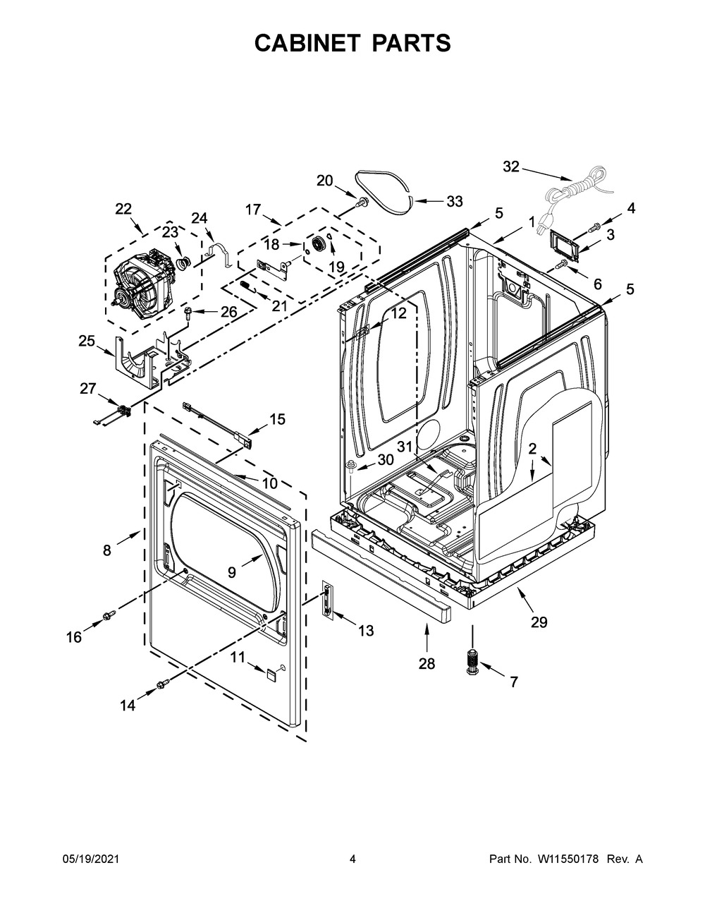 Cabinet Parts Diagram and Parts List for MGD7230HC1  Whirlpool Dryer