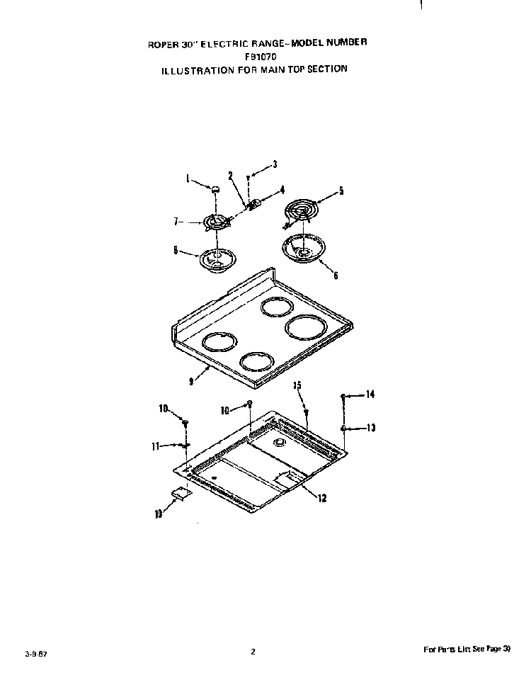 Main Top Diagram and Parts List for F9107*0  Roper Range