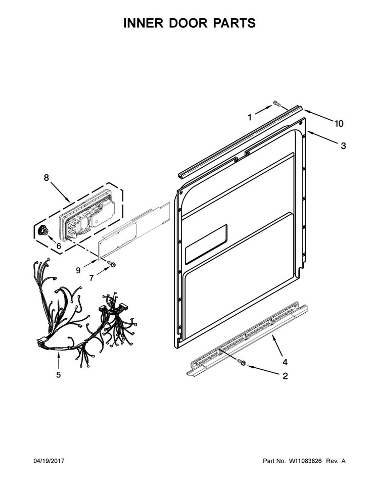 Inner Door Parts Diagram and Parts List for KDTE204EPA4  KitchenAid Dishwasher