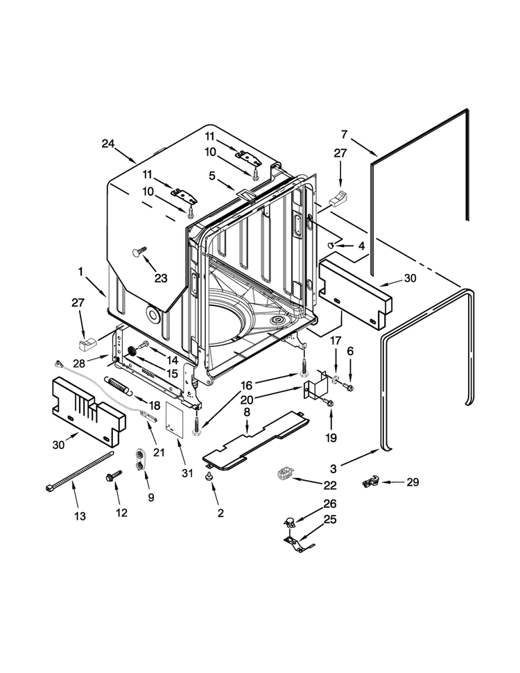 Tub And Frame Parts Diagram and Parts List for KUDE70FXPA6  KitchenAid Dishwasher