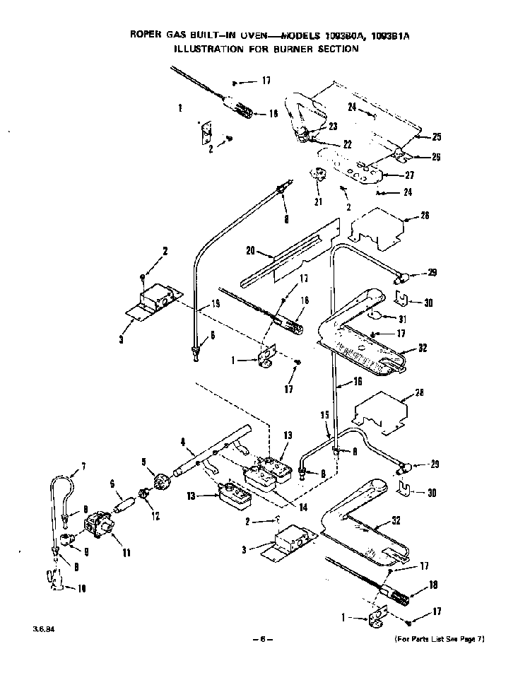 Burner Diagram and Parts List for 1093B1A  Roper Wall Oven