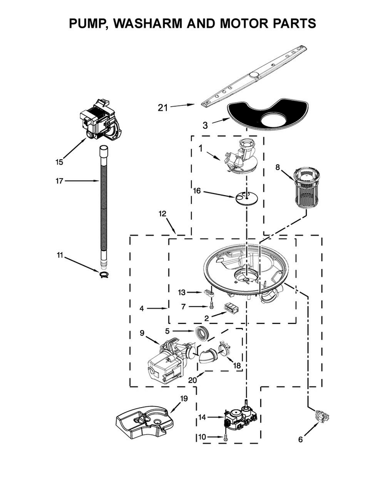 Pump, Washarm And Motor Parts Diagram and Parts List for WDT970SAHB0  Whirlpool Dishwasher