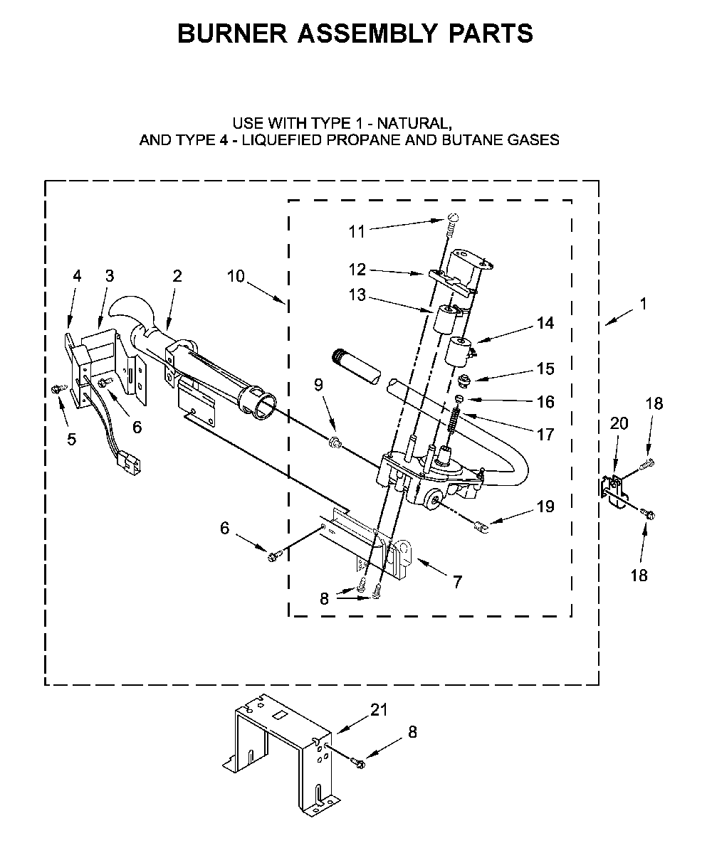 Burner assembly parts Diagram and Parts List for WGD8120HW0  Whirlpool Dryer