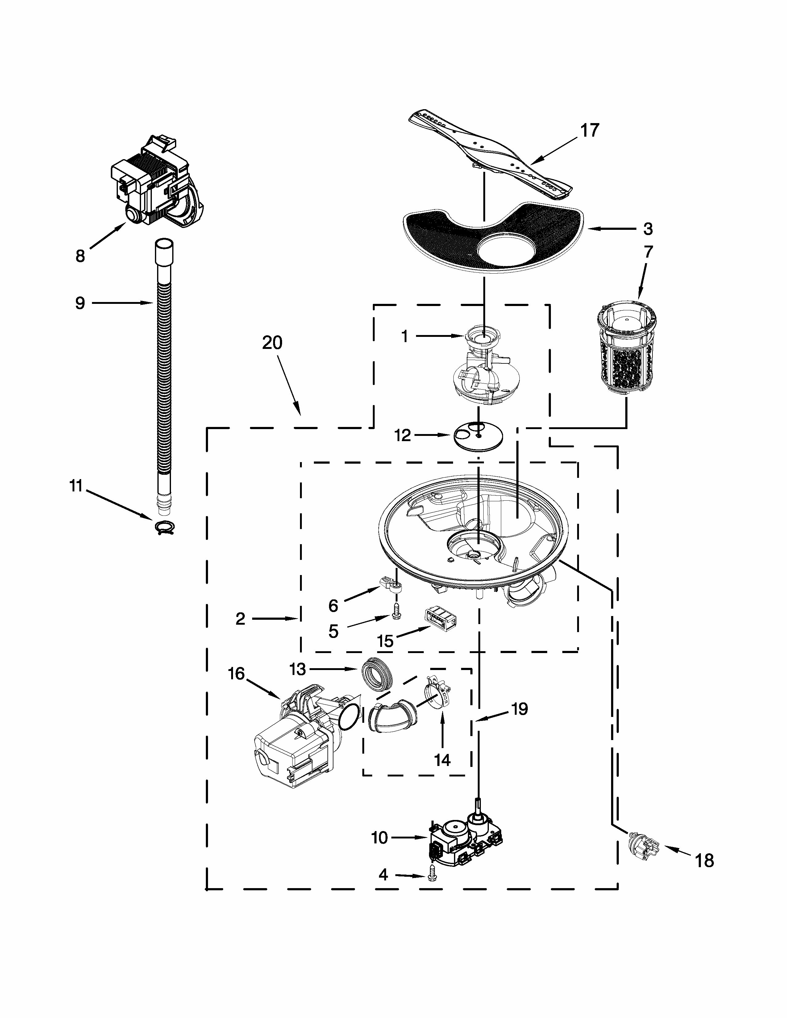 Pump, Washarm And Motor Parts Diagram and Parts List for 66513099N412  Kenmore Dishwasher