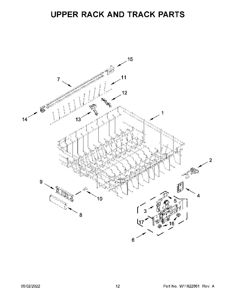 Upper Rack And Track Parts Diagram and Parts List for KDFM404KBS1  KitchenAid Dishwasher