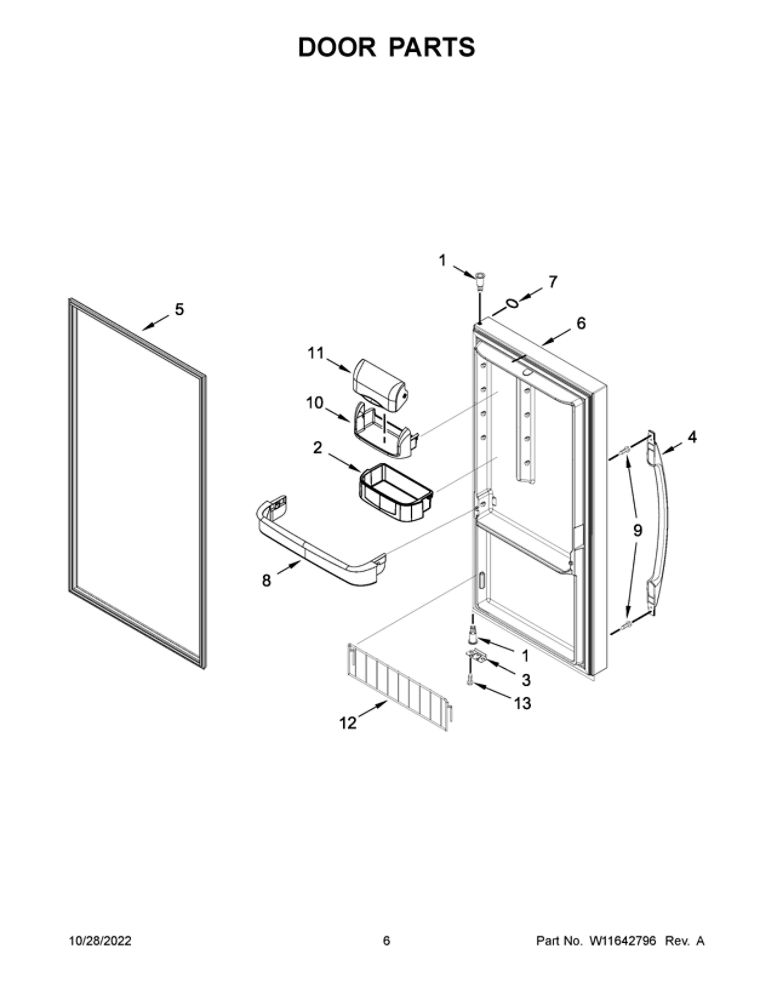 Door Parts Diagram and Parts List for WSZ57L18DM07  Whirlpool Freezer