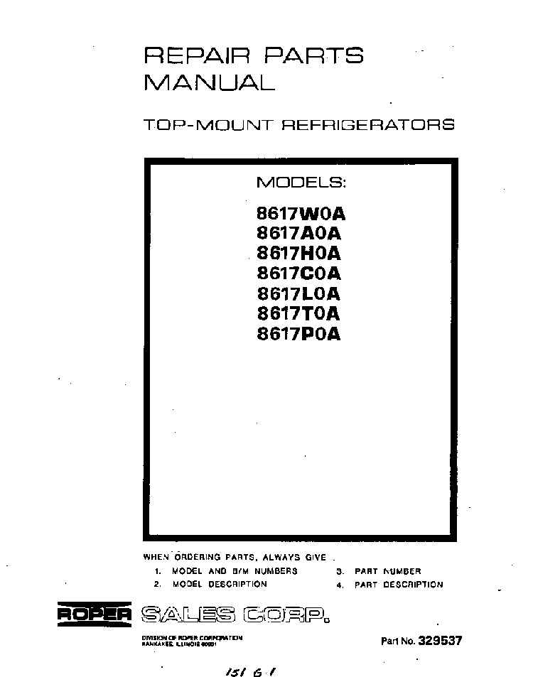 Front Cover Diagram and Parts List for 8617*0A  Roper Refrigerator