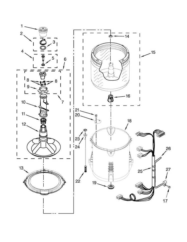Basket And Tub Parts Diagram and Parts List for 7MWTW1805DM0  Whirlpool Washer