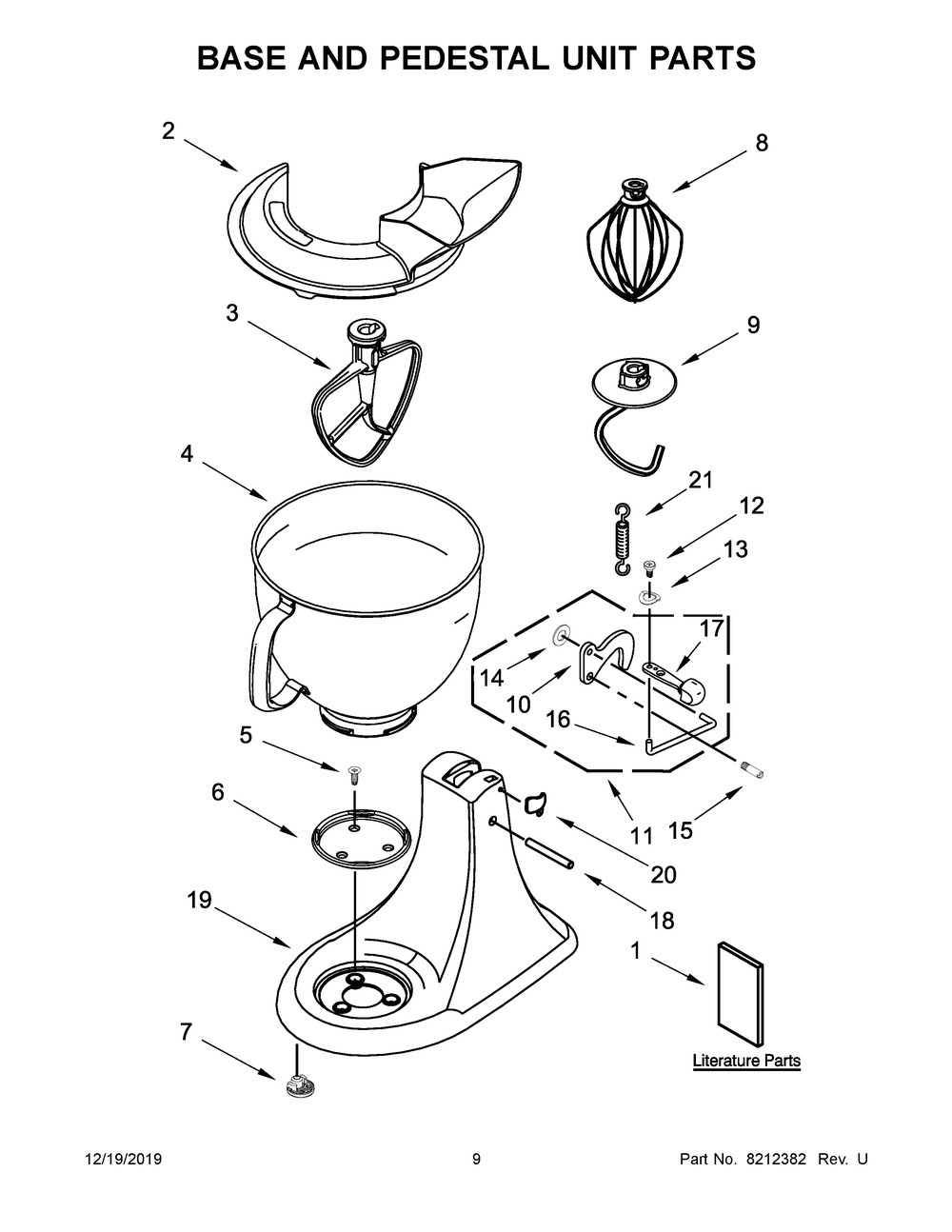 Base And Pedestal Unit Parts Diagram and Parts List for 5KSM150PSBLR4  Whirlpool Mixer