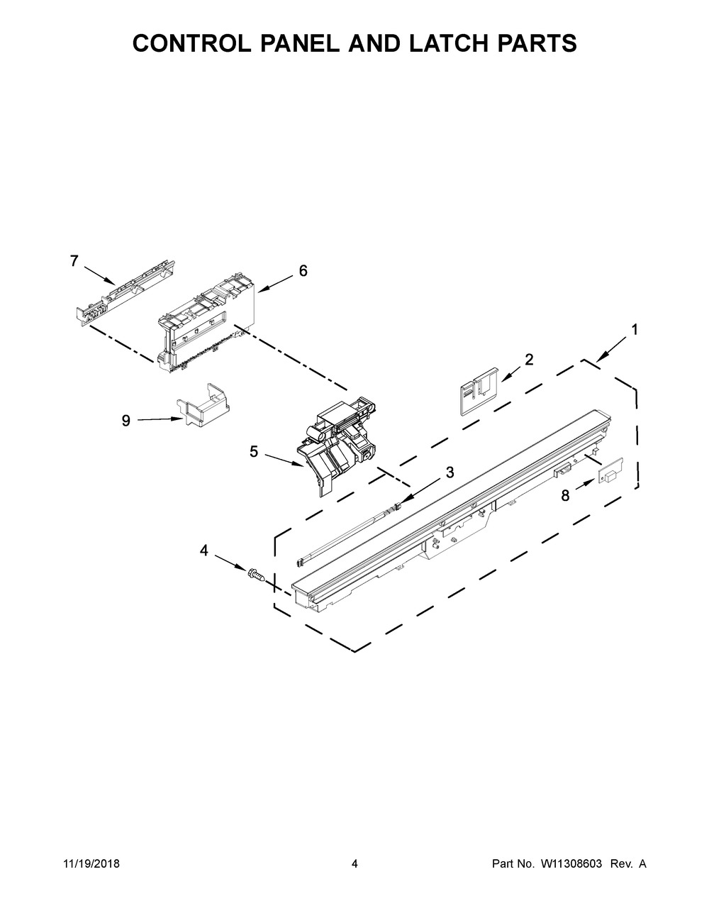 Control Panel And Latch Parts Diagram and Parts List for BLB14FRANA0  Whirlpool Dishwasher