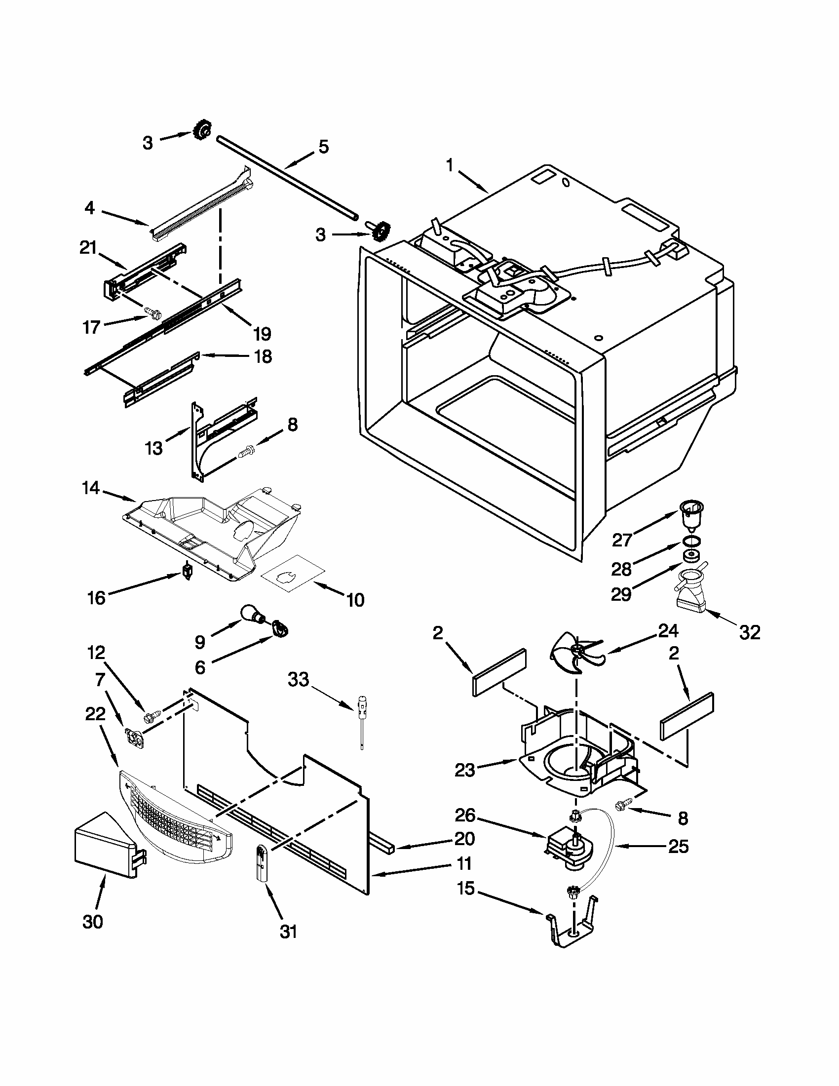 Freezer Liner Parts Diagram and Parts List for GB2FHDXWQ08  Whirlpool Refrigerator